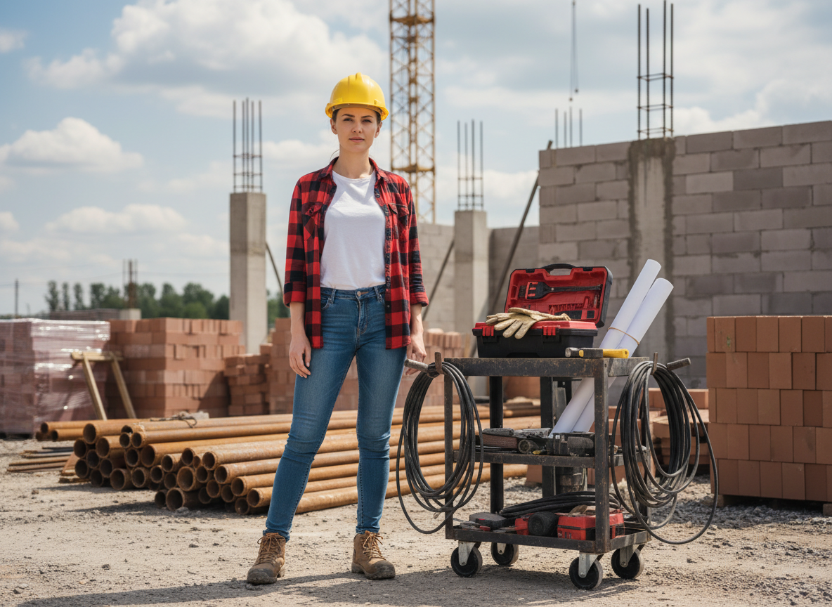 Jeune femme avec casque jaune sur un chantier actif