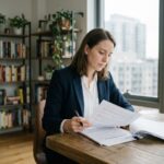 Jeune femme professionnelle lit un contrat dans un appartement moderne