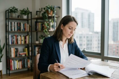 Jeune femme professionnelle lit un contrat dans un appartement moderne