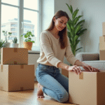 Jeune femme déballant des cartons dans un nouvel appartement