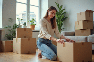 Jeune femme déballant des cartons dans un nouvel appartement