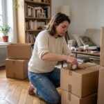 Jeune femme emballant des cartons dans un appartement parisien