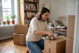 Jeune femme emballant des cartons dans un appartement parisien