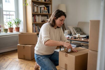 Jeune femme emballant des cartons dans un appartement parisien