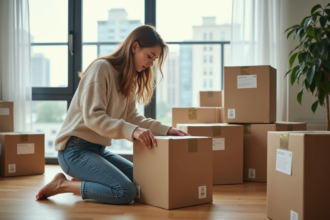 Jeune femme emballant une grande boxe de déménagement dans un salon lumineux