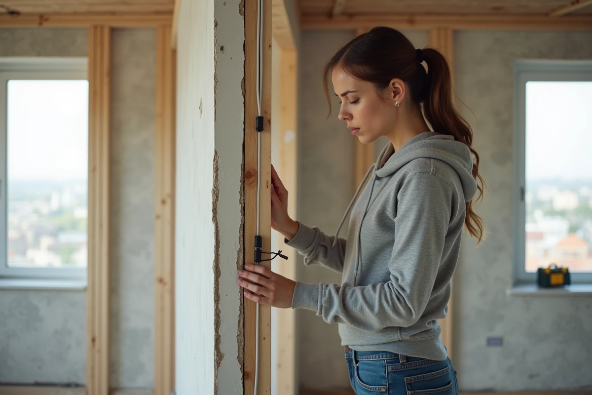 Femme posant des plaques de plâtre dans un intérieur urbain