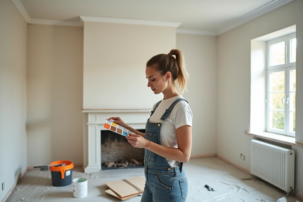 Jeune femme examinant un échantillon de peinture sur un mur en rénovation