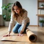 Jeune femme posant un parquet PVC imitation bois dans un salon lumineux