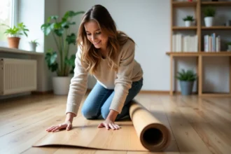 Jeune femme posant un parquet PVC imitation bois dans un salon lumineux