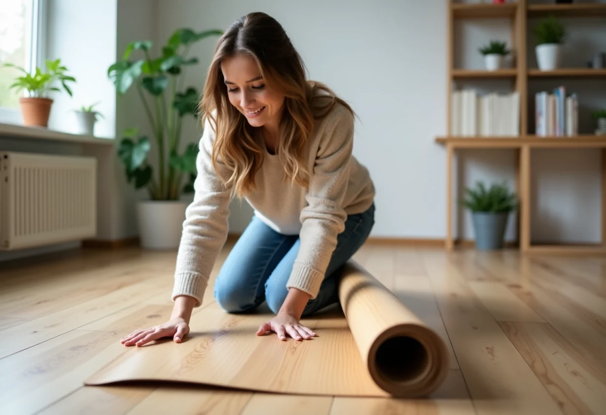 Jeune femme posant un parquet PVC imitation bois dans un salon lumineux