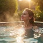 Jeune femme se relaxant dans un spa extérieur avec vapeur et nature