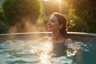 Jeune femme se relaxant dans un spa extérieur avec vapeur et nature