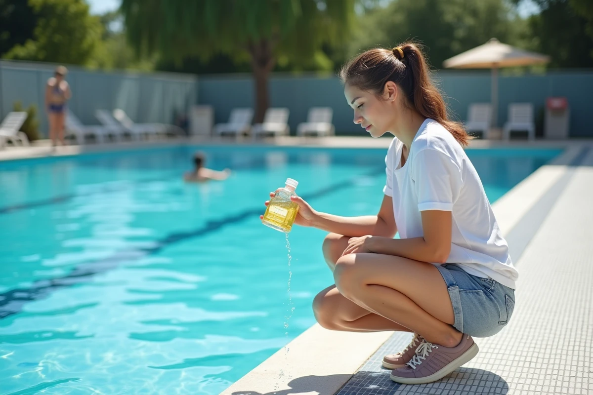 Jeune femme lisant instructions floculant au bord de la piscine