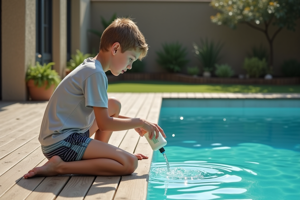 Jeune garçon versant un traitement dans la piscine