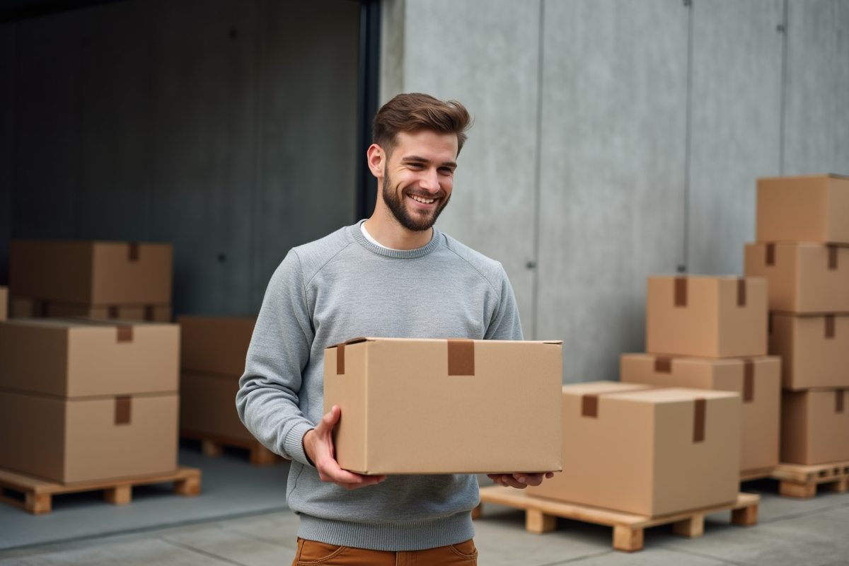 Jeune homme comparant des cartons en extérieur