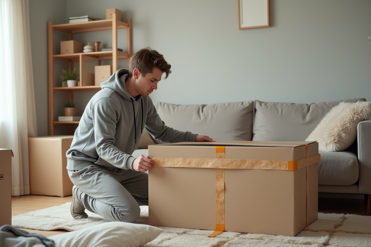 Jeune homme scotchant une grande caisse dans un salon lumineux