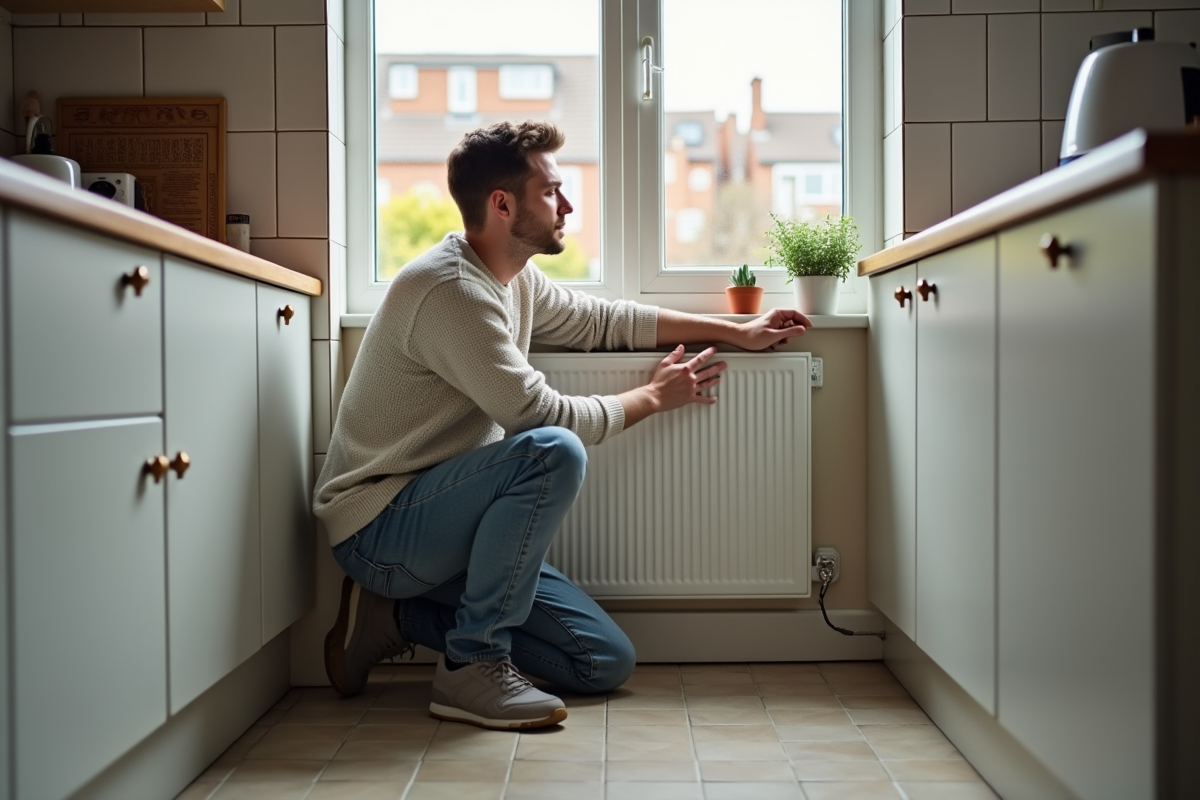 Jeune homme vérifiant un radiateur électrique dans la cuisine