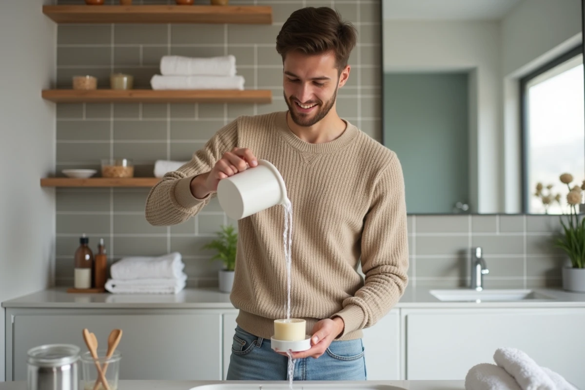 Jeune homme versant savon fondu dans un moule dans la salle de bain
