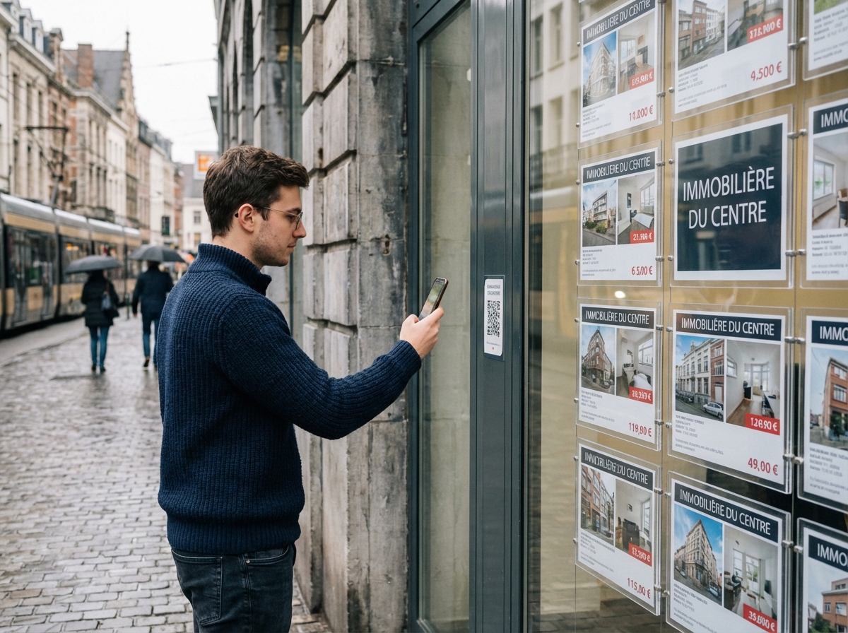 Jeune homme utilisant son smartphone devant une agence immobiliere