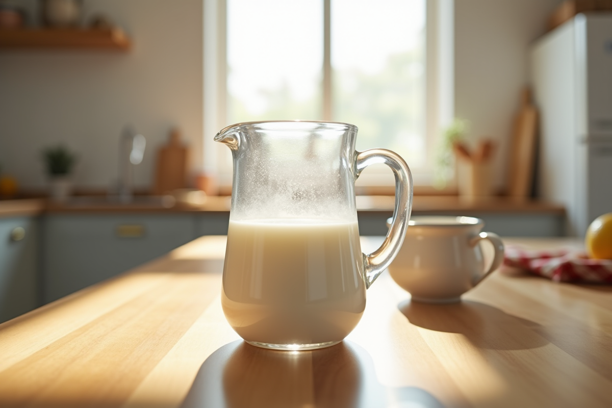 Pichet de mesure avec 100ml de lait sur table en bois