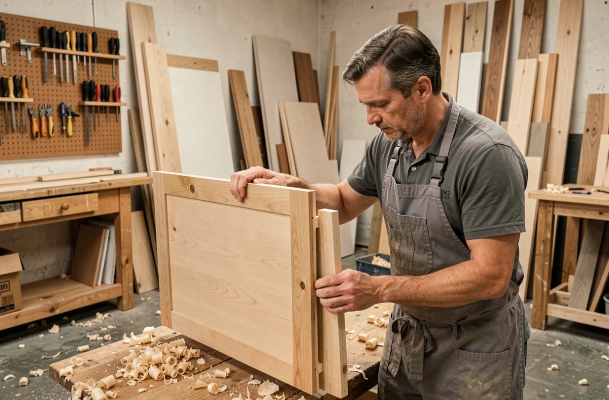 Artisan menuisier de Julien Biron Menuiserie assemblant un meuble de cuisine sur mesure dans son atelier normand