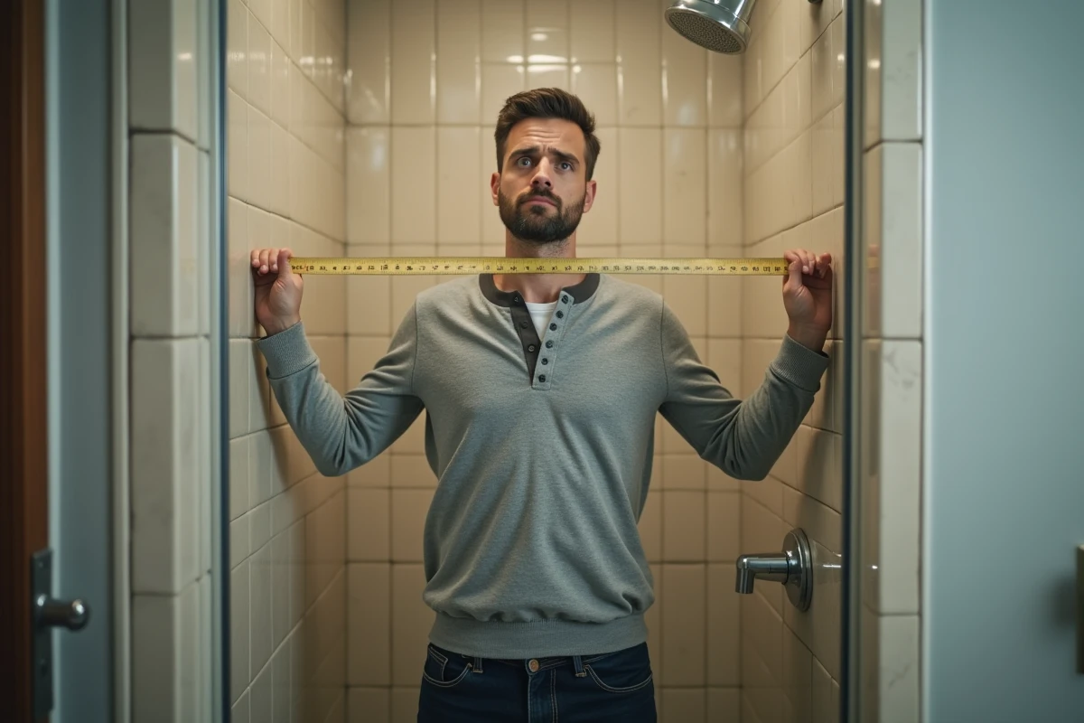 Homme mesurant la largeur insuffisante d'une douche trop étroite avec un mètre ruban