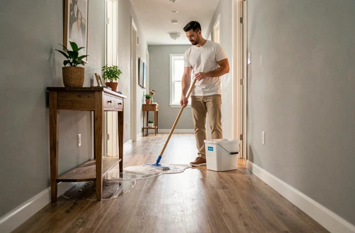 Homme lavant un parquet stratifié dans un couloir avec une serpillière et un seau, illustrant les techniques de nettoyage pour raviver l'éclat du sol