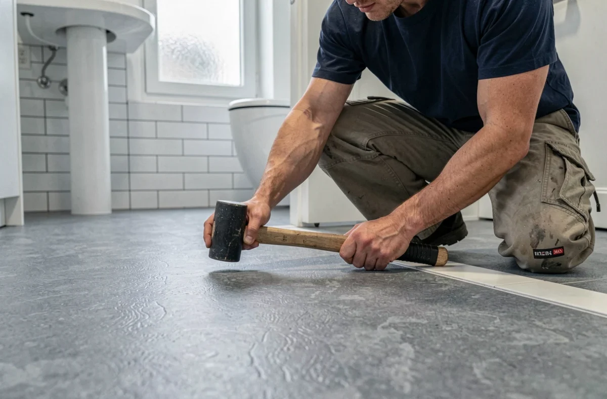 Pose de lino pas cher dans une salle de bain de petit appartement avec finition plinthes