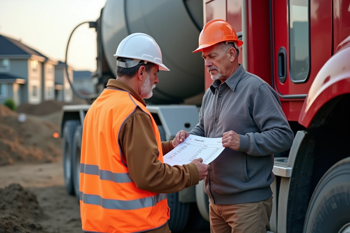 Chauffeur de camion béton et chef de chantier vérifiant un bon de livraison avec le volume en m3 pour un devis béton prêt à l'emploi