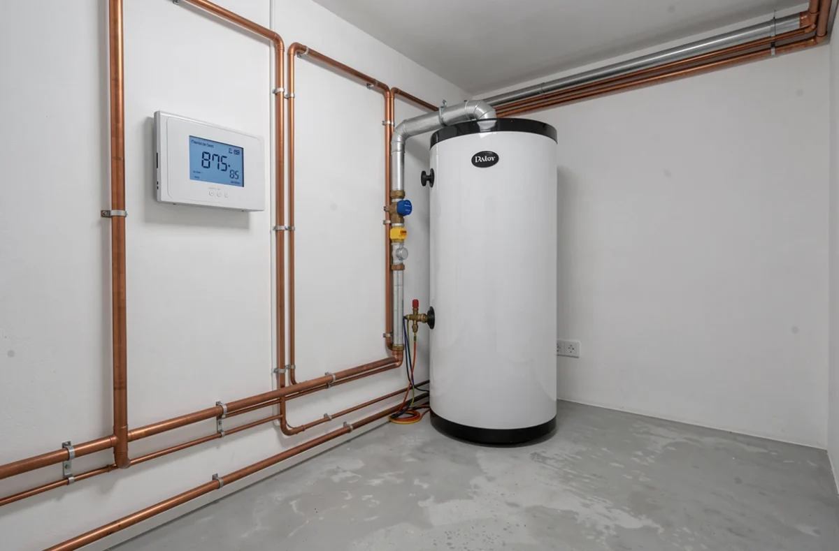 Local technique intérieur avec pompe à chaleur monobloc connectée à un ballon d'eau chaude et un plancher chauffant
