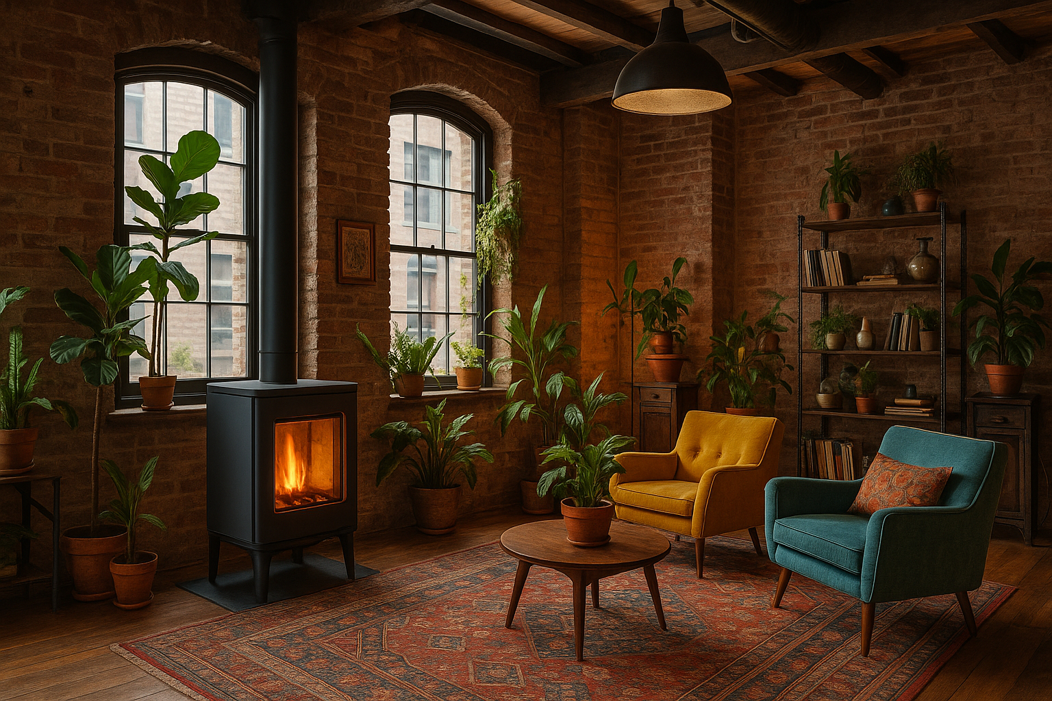 Loft éclectique avec poêle à bois et décoration bohème