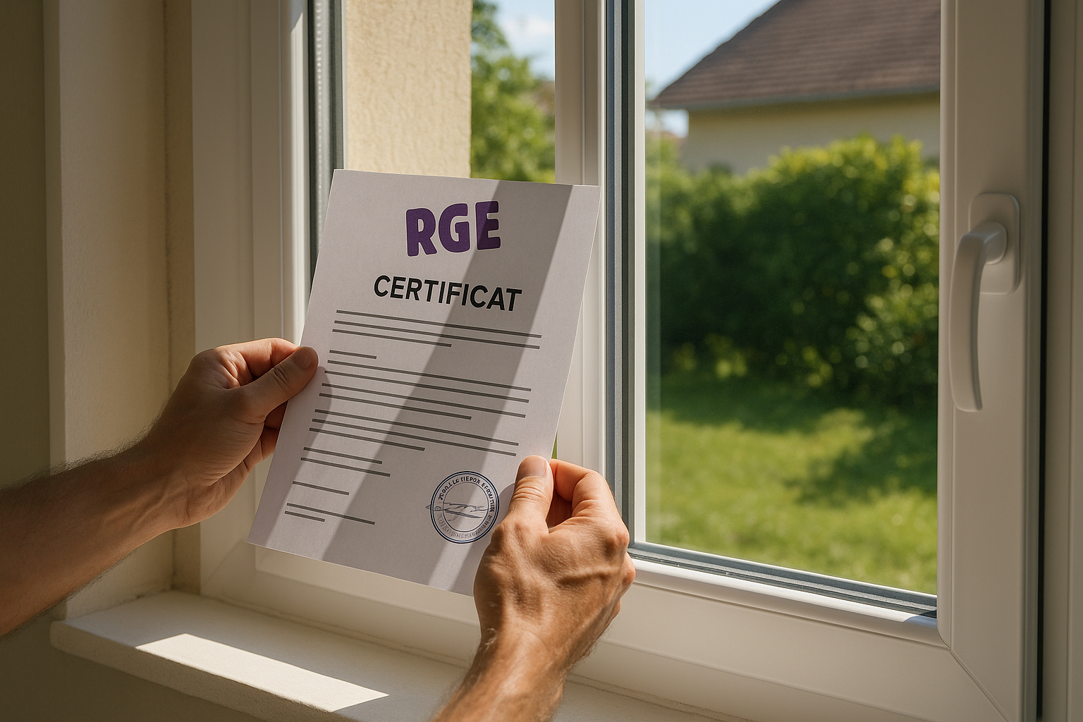 Mains tenant un certificat RGE devant une fenetre blanche lumineuse