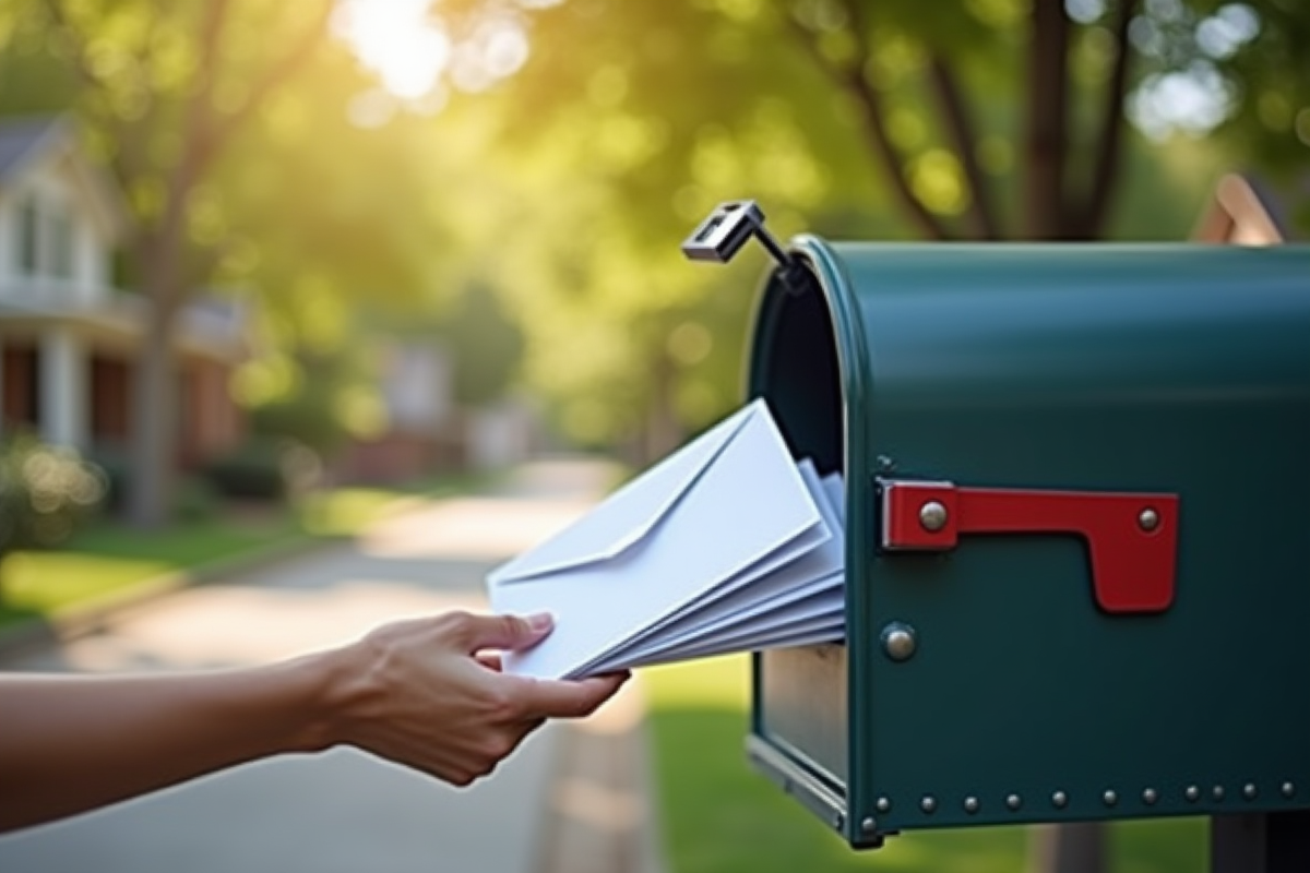 Main déposant des enveloppes dans une boîte aux lettres en plein soleil