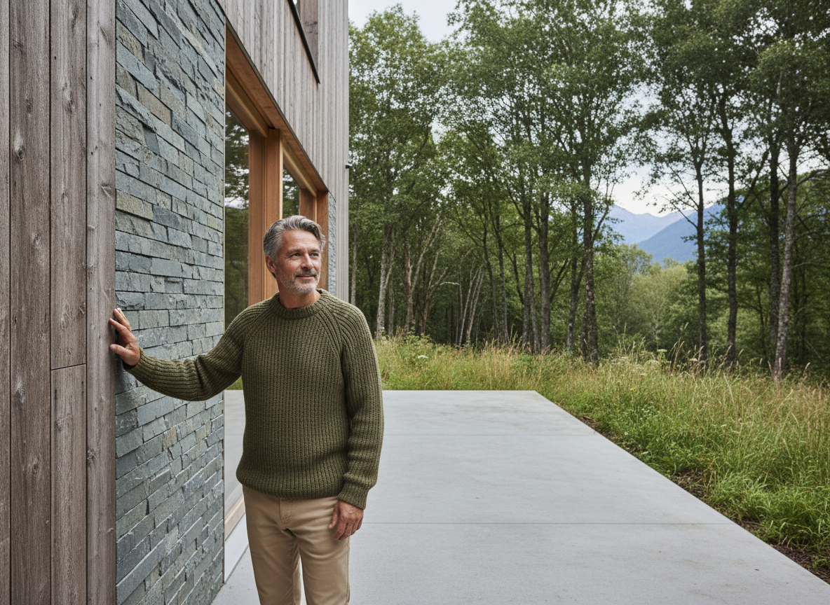 Homme touche une façade en bois et ardoise dans la nature