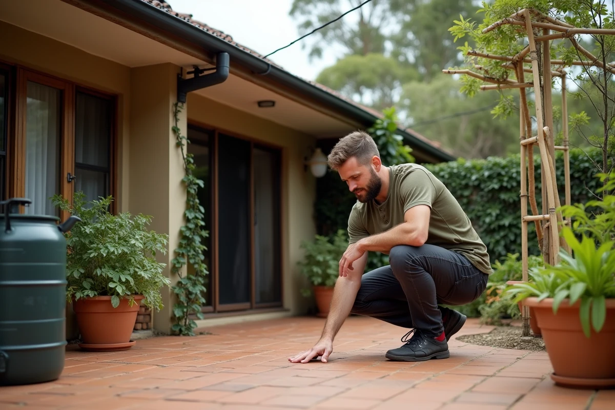 Homme inspectant des panneaux solaires sur la terrasse d'une maison écologique avec récupérateur d'eau de pluie et plantes natives