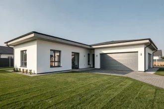 Maison en L moderne avec garage intégré et façade blanche, vue extérieure grand angle