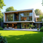 Maison moderne avec jardin vert et grandes fenêtres