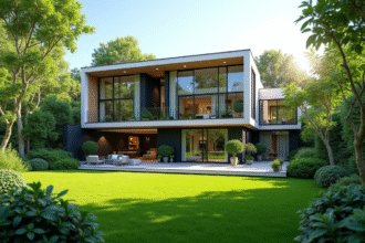 Maison moderne avec jardin vert et grandes fenêtres