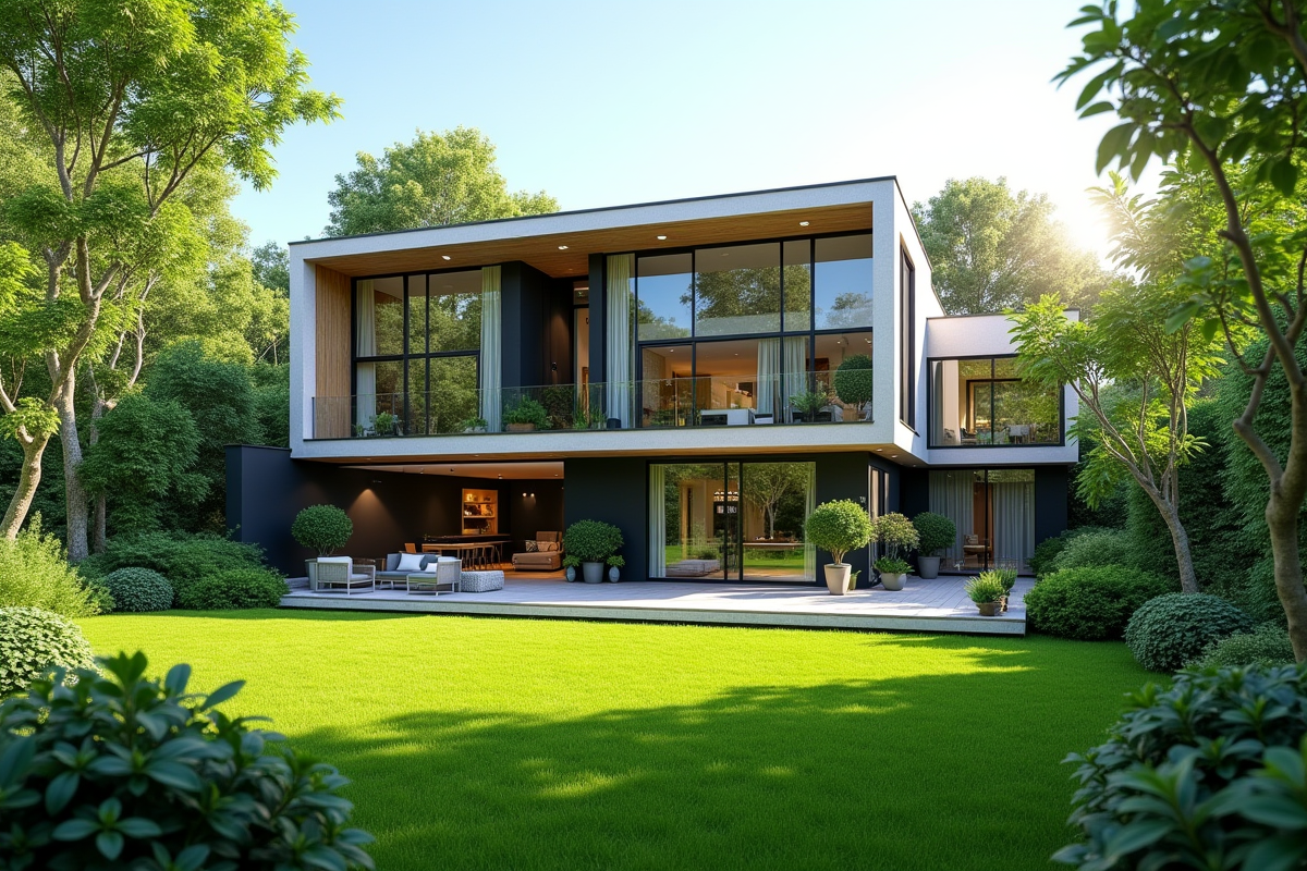 Maison moderne avec jardin vert et grandes fenêtres