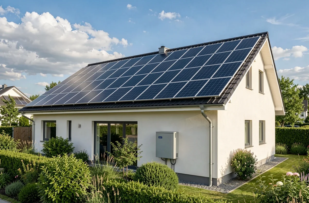 Maison résidentielle moderne avec panneaux solaires en toiture et onduleur solaire visible sur la façade extérieure