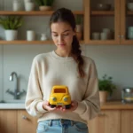 Jeune maman tenant un jouet ancien dans la cuisine