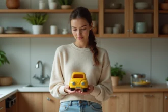 Jeune maman tenant un jouet ancien dans la cuisine