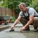 Maçon en action sur une terrasse en béton en extérieur
