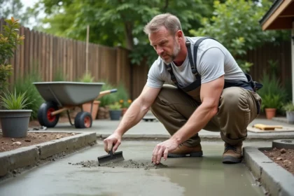Maçon en action sur une terrasse en béton en extérieur