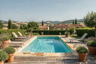 Belle piscine résidentielle extérieure en Haute-Garonne avec terrasse en bois et paysage occitan en arrière-plan