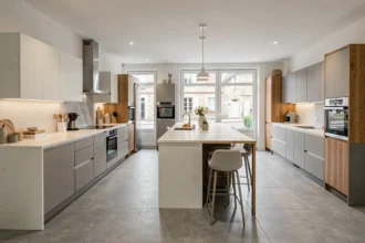 Intérieur d'un showroom de cuisinistes dans le Calvados avec plusieurs modèles de cuisines exposés