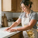 Femme effectuant le ménage écologique dans une cuisine avec des produits naturels comme le vinaigre blanc et le bicarbonate de soude