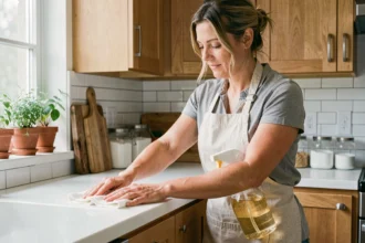 Femme effectuant le ménage écologique dans une cuisine avec des produits naturels comme le vinaigre blanc et le bicarbonate de soude
