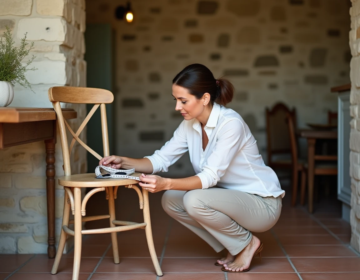 Designer d'intérieur mesurant une chaise de cuisine style bistro dans une cuisine de ferme rénovée