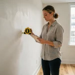 Femme mesurant la longueur d'un mur dans une pièce vide avec un mètre ruban jaune et un bloc-notes